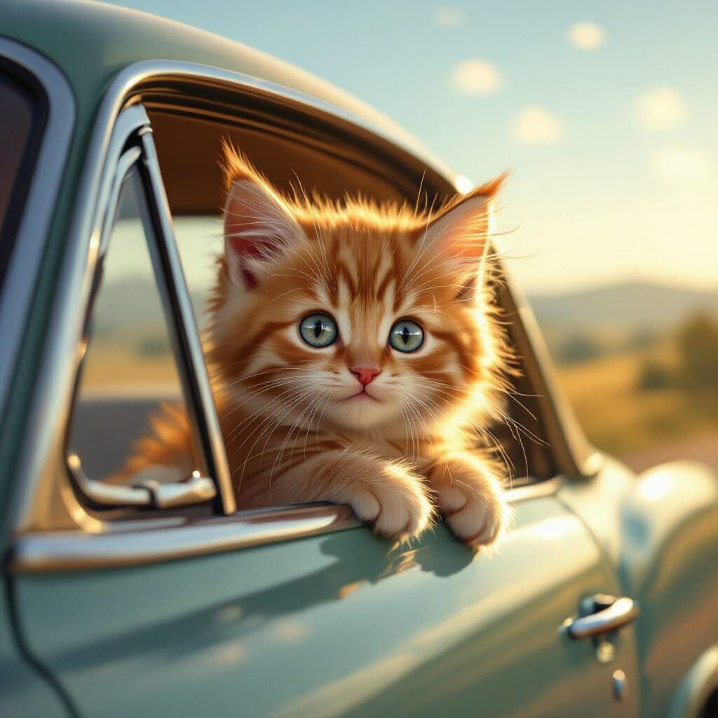 Fluffy Kitten Peeks From Vintage Car Window