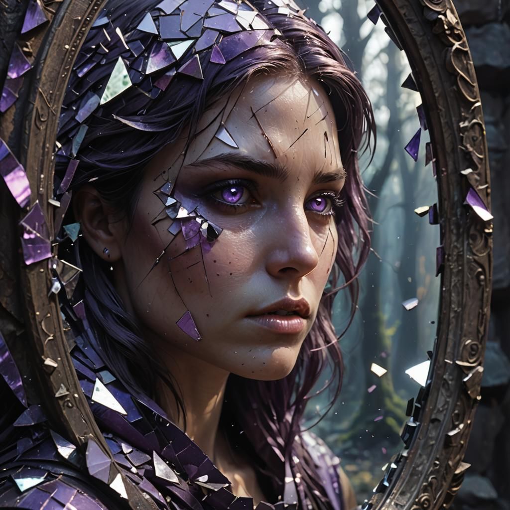 Mystical Figure Gazing Through Broken Mirror