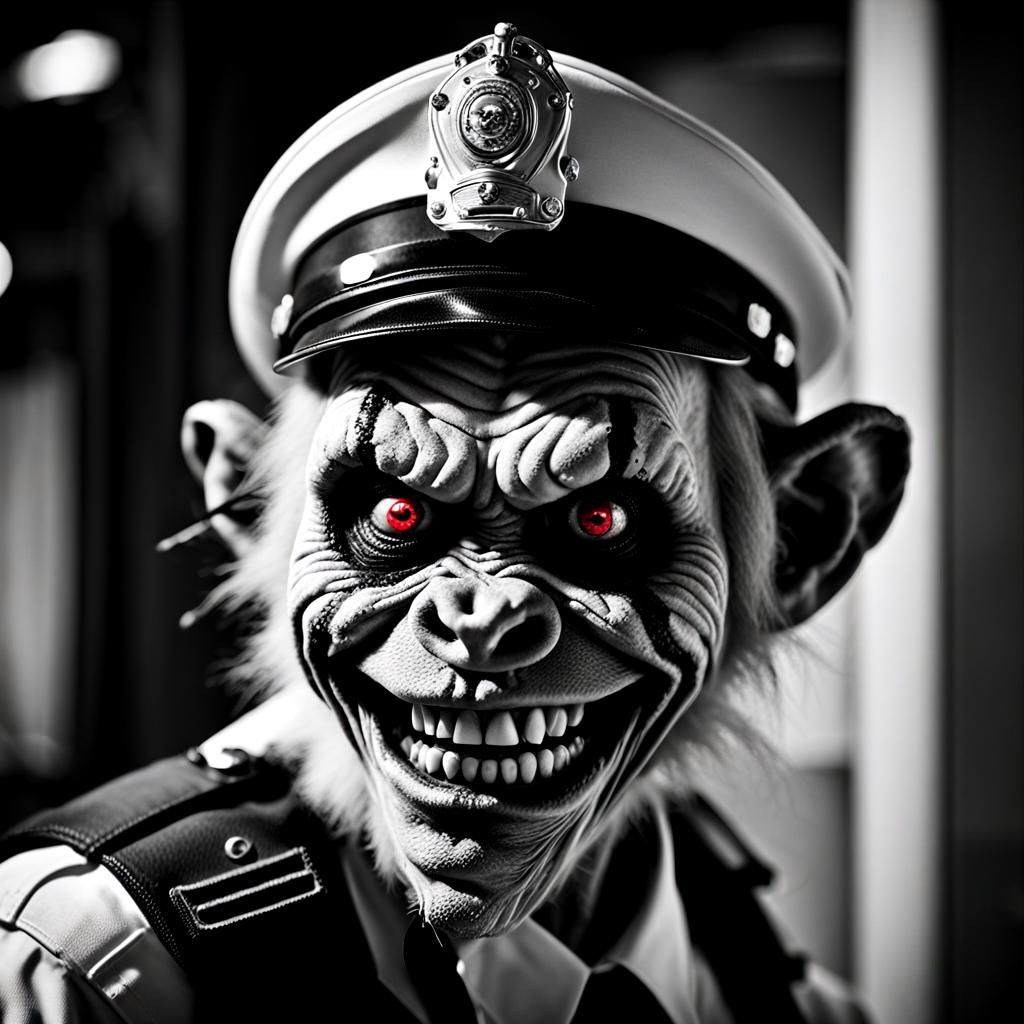 Zombie Monkey Clown Police Officer Portrait in Black and Whi...