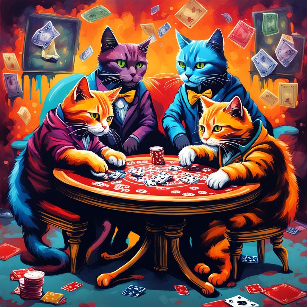 Cats Playing Poker in Colorful Graffiti Art Style
