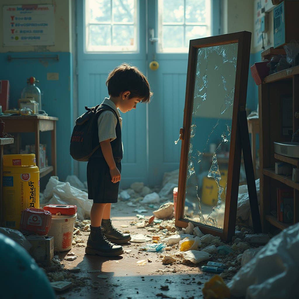 Boy in School Uniform Gazing in Broken Mirror