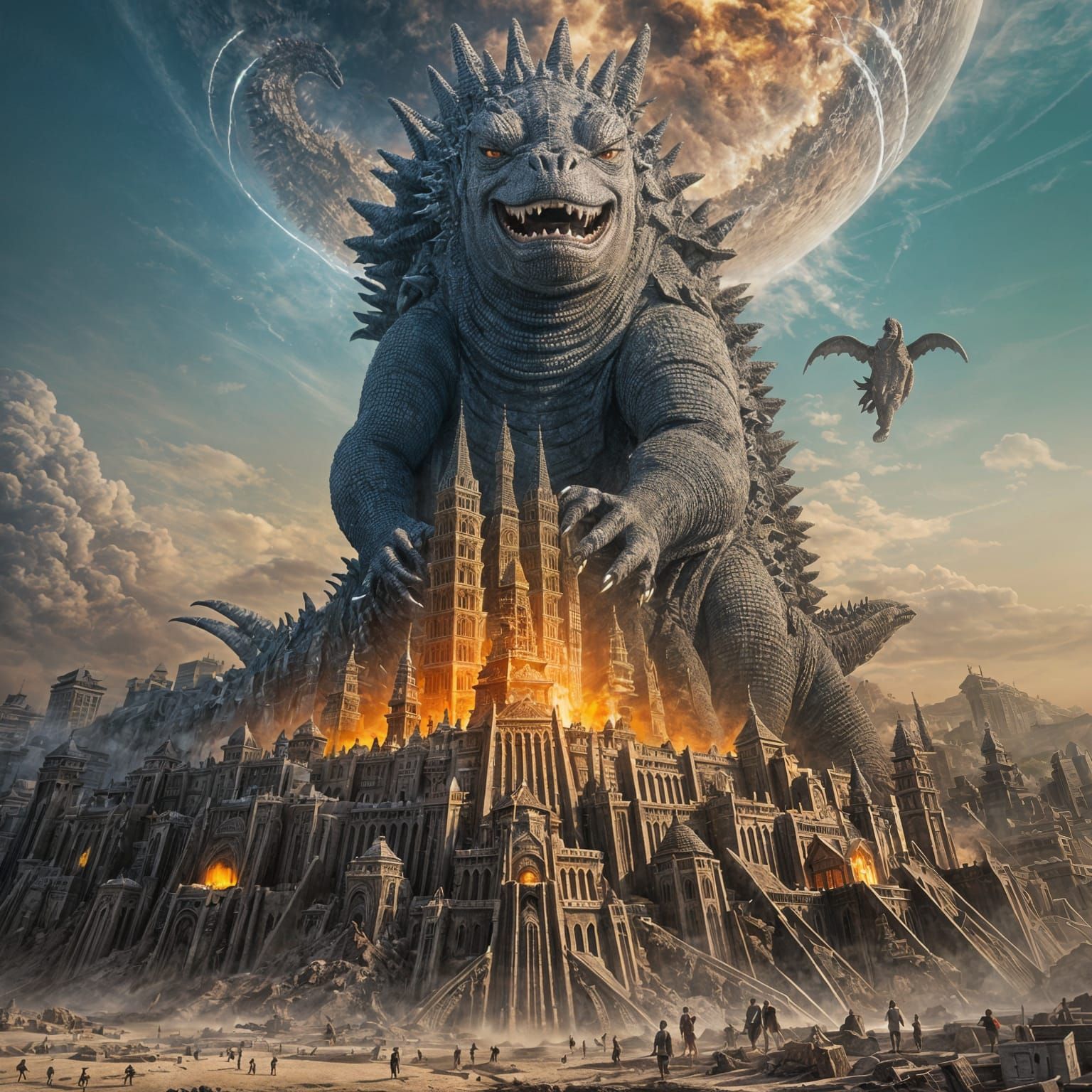 Godzilla Destroys Japanese Sandcastle City: Detailed Art