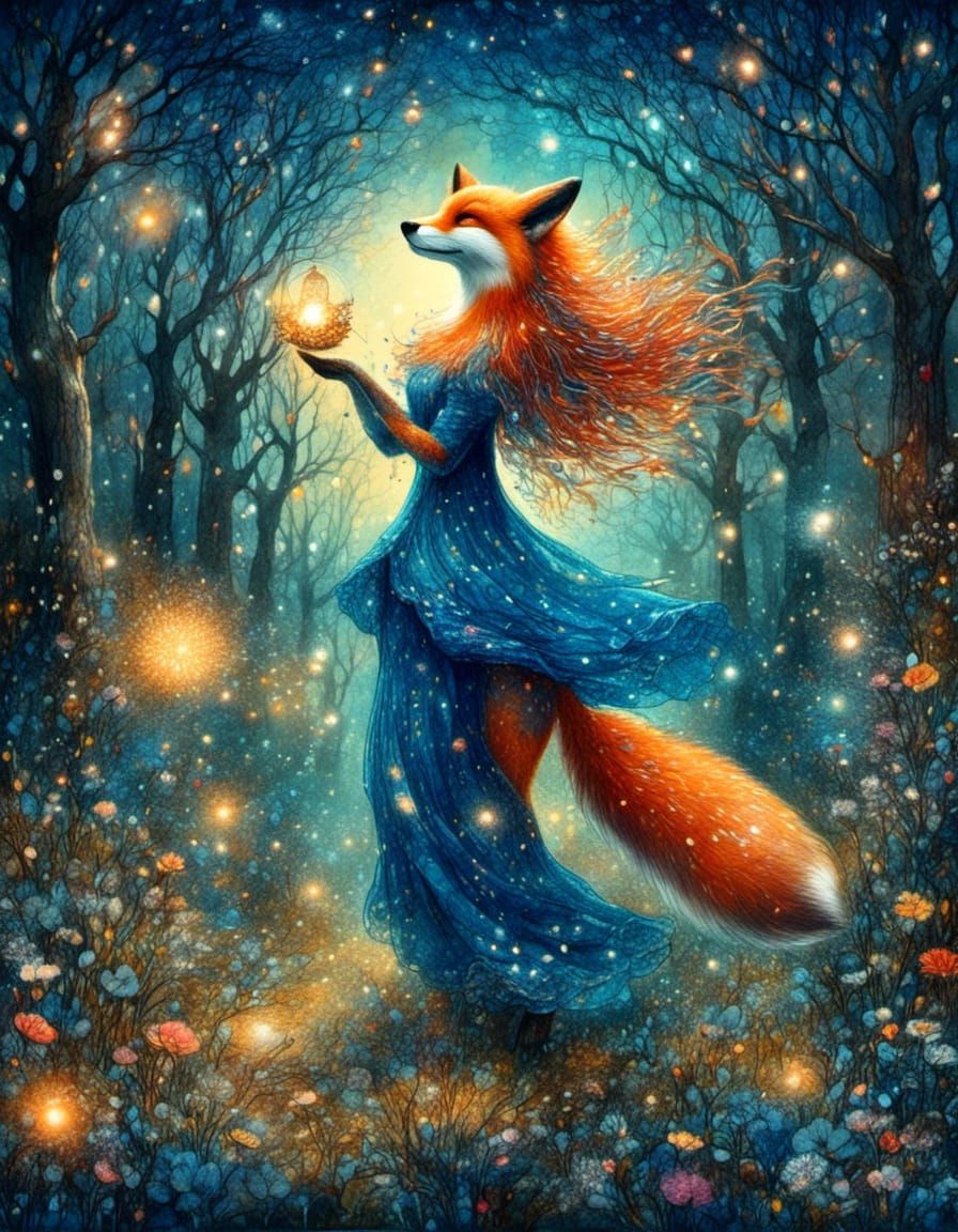 Fox-Woman Dancing in Colorful Cosmic Forest