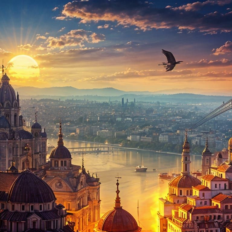 Anime Sunset Over Belgrade: Detailed Matte Painting