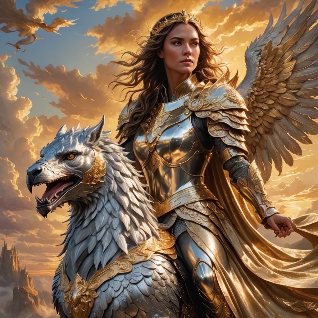 Griffin Rider: Ethereal Warrior in Golden Sunset