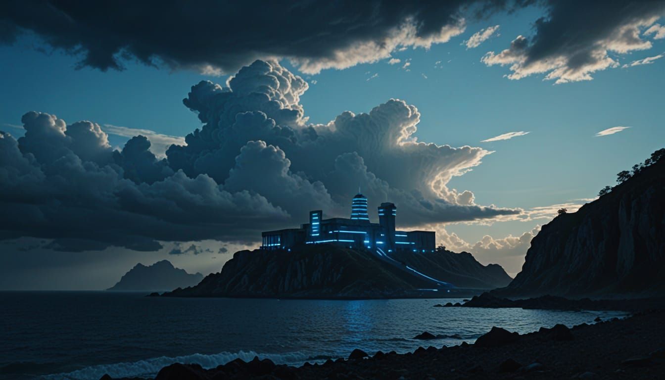 Futuristic Island Maximum Security Facility Illuminated by L...