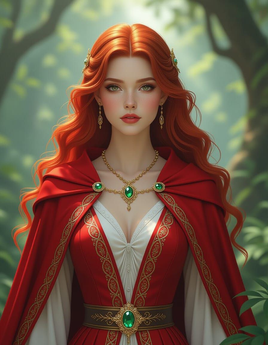 Fantasy Nymph in Red Cape in Misty Forest