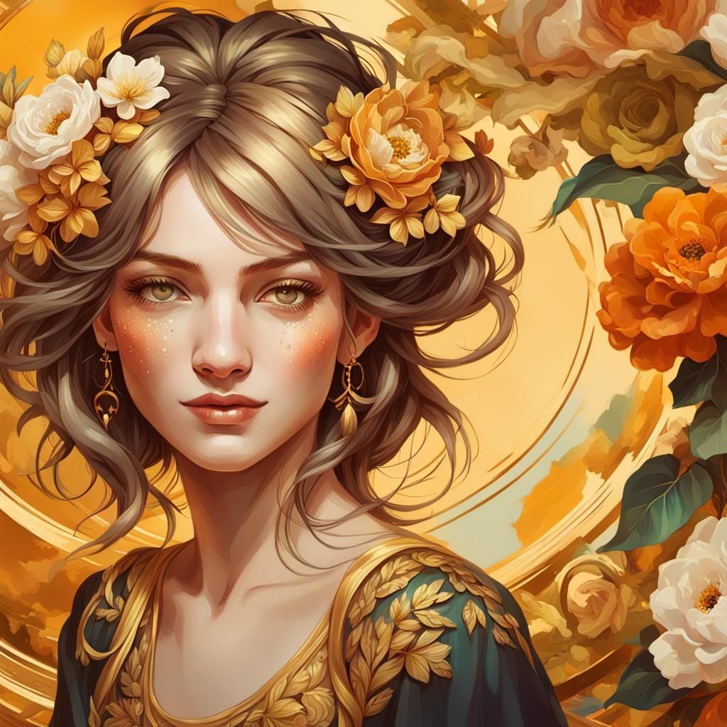 Woman with Gold and Flowers, Digital Art
