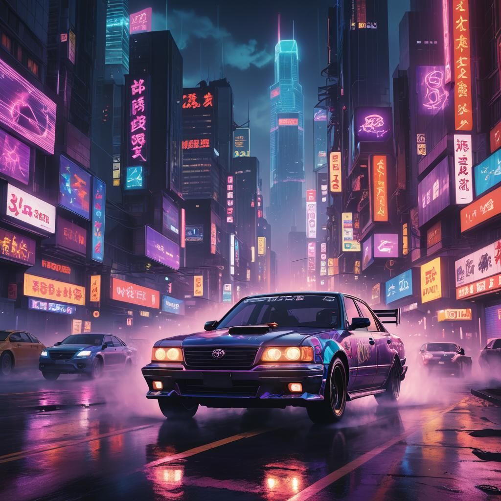 Cyberpunk Car Drifting Through Neon Cityscape