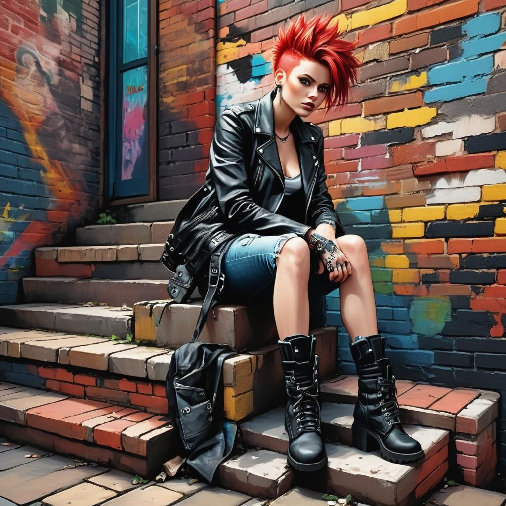 Punk Woman on Steps in Comic Book Art