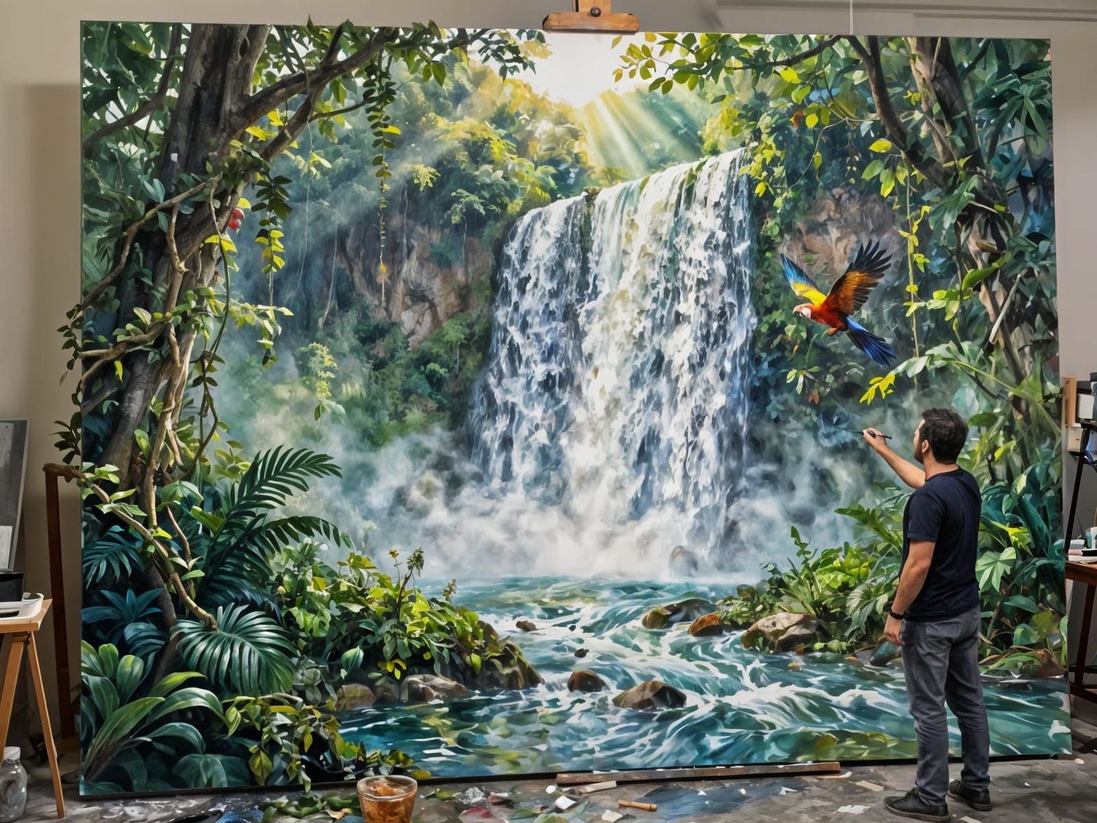 Artist Paints Living Rainforest With Waterfall Erupting from...