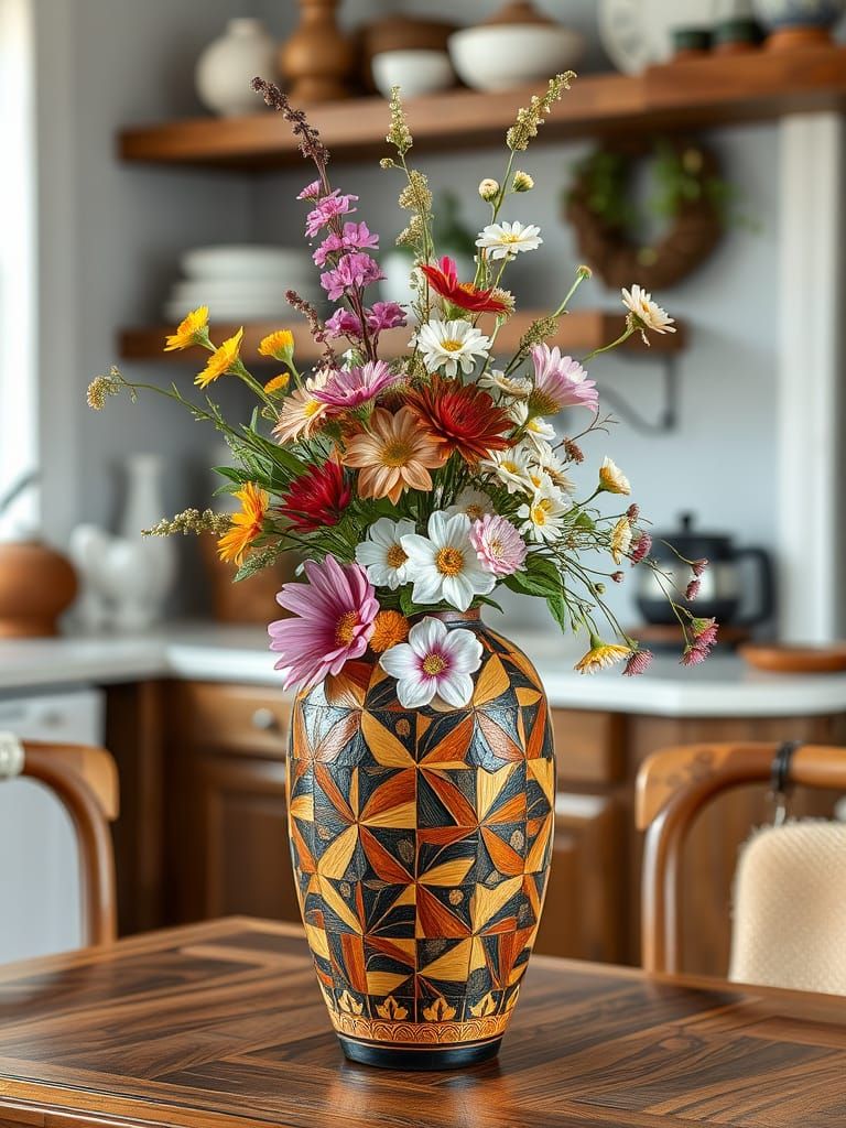 Lacquer-Carved Vase in Country Kitchen