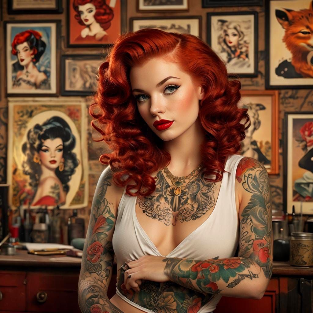 Tattoo Artist with Copper Curls in Pinup Style