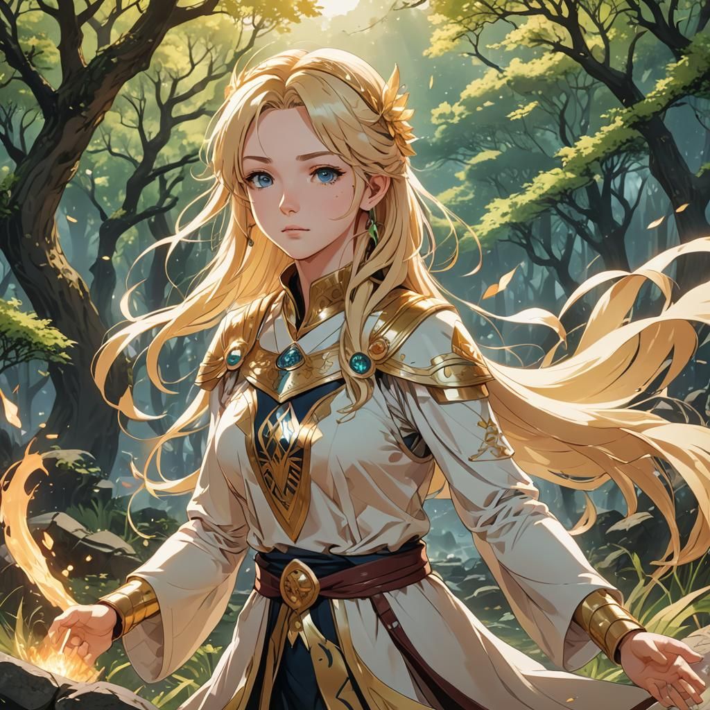 Young Priestess Purifying Land in Anime Style