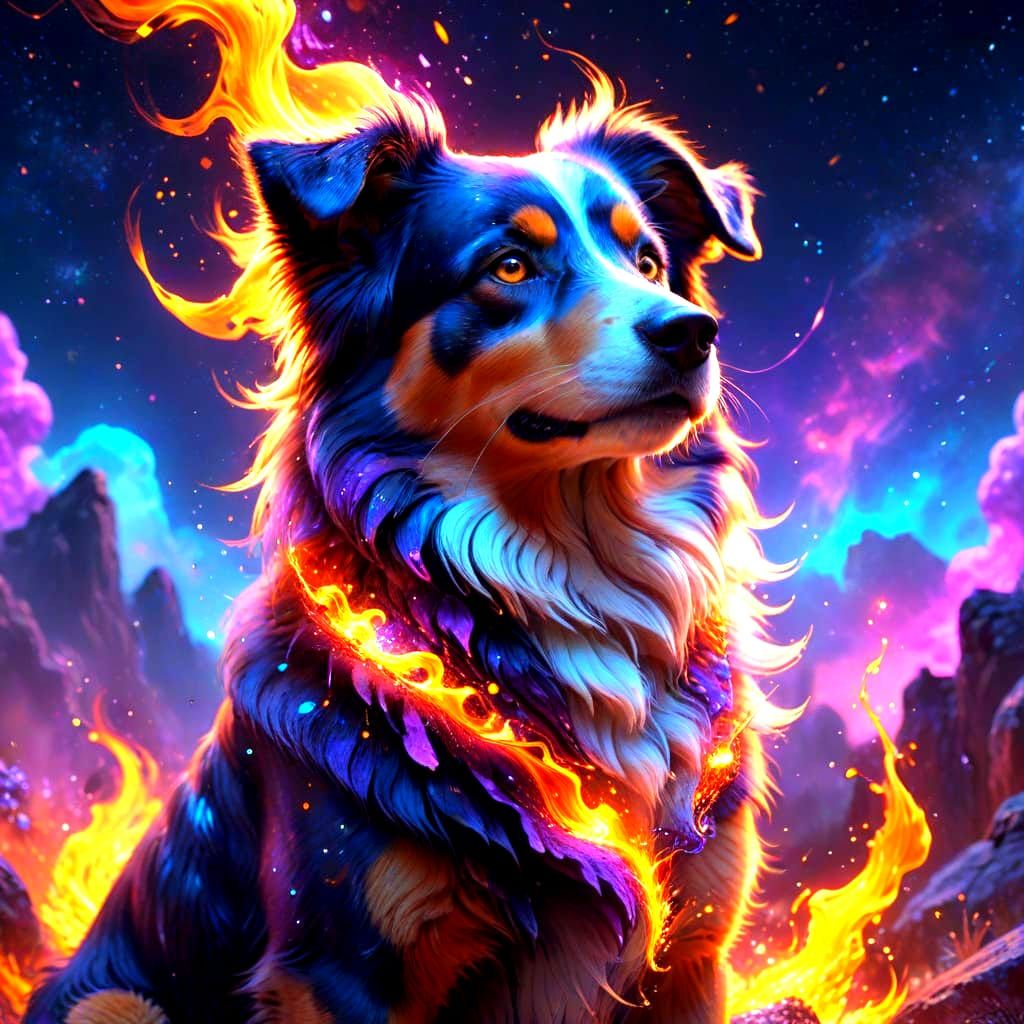 Australian Shepherd Dog in Flames, Fantastical Illustration