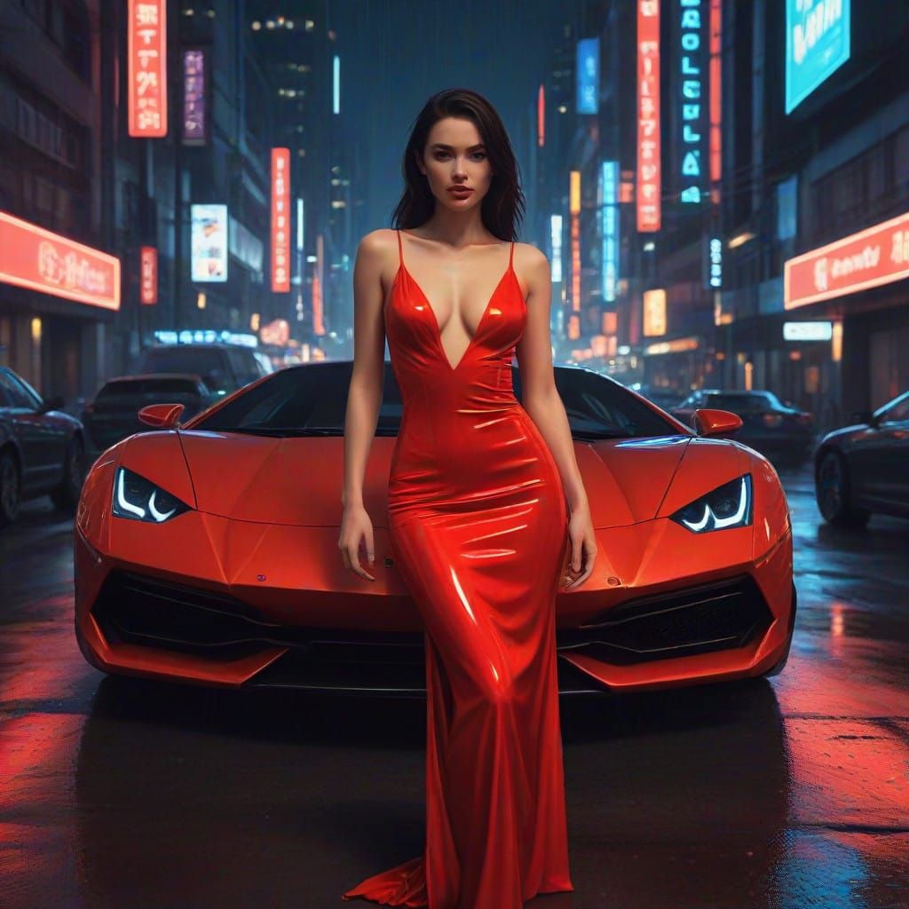 Sultry Woman in Red Stands Before a Black Lamborghini in Tok...