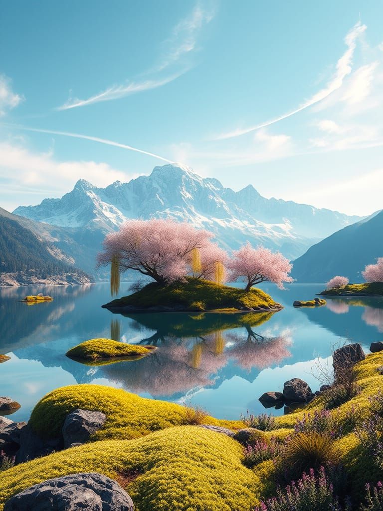 Serene Fantasy Landscape with Majestic Mountain Range and Tr...