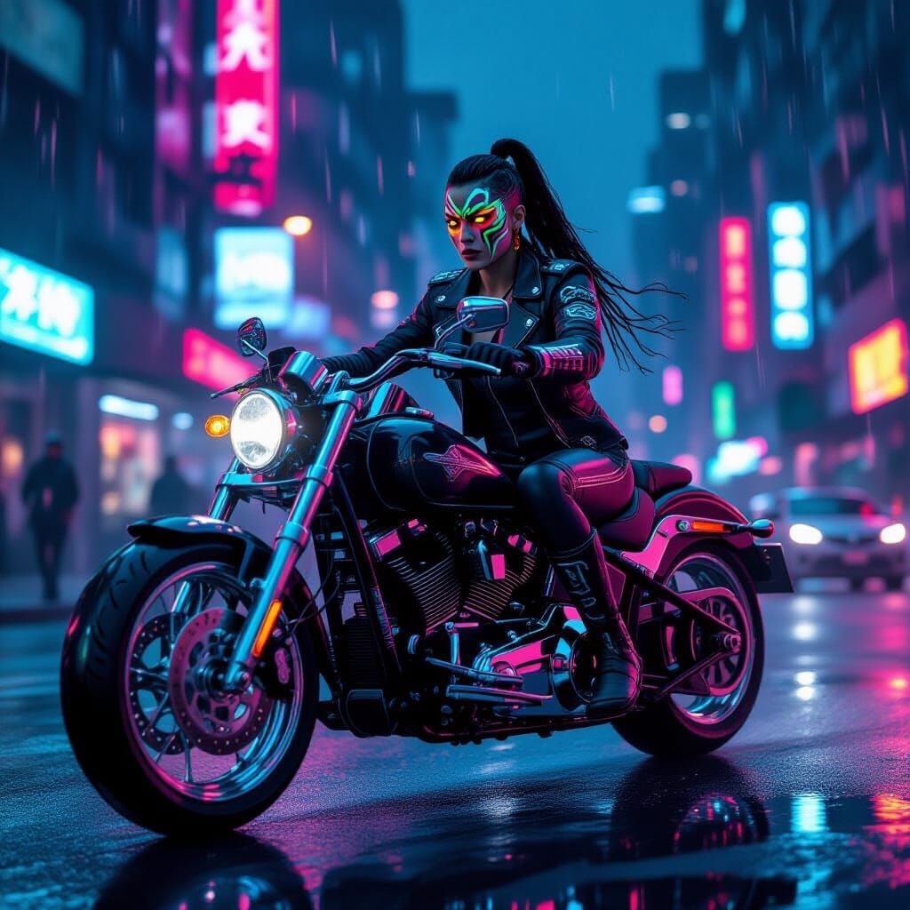 Cyberpunk Biker with Tribal Warpaint in Neon City
