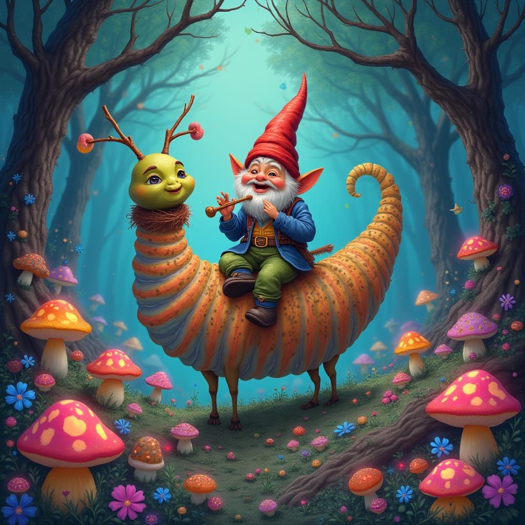 Gnome Rides Caterpillar Through Psychedelic Forest