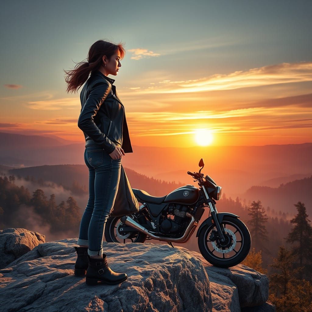 Confident Woman Gazing Out at a Breathtaking Sunset Landscap...