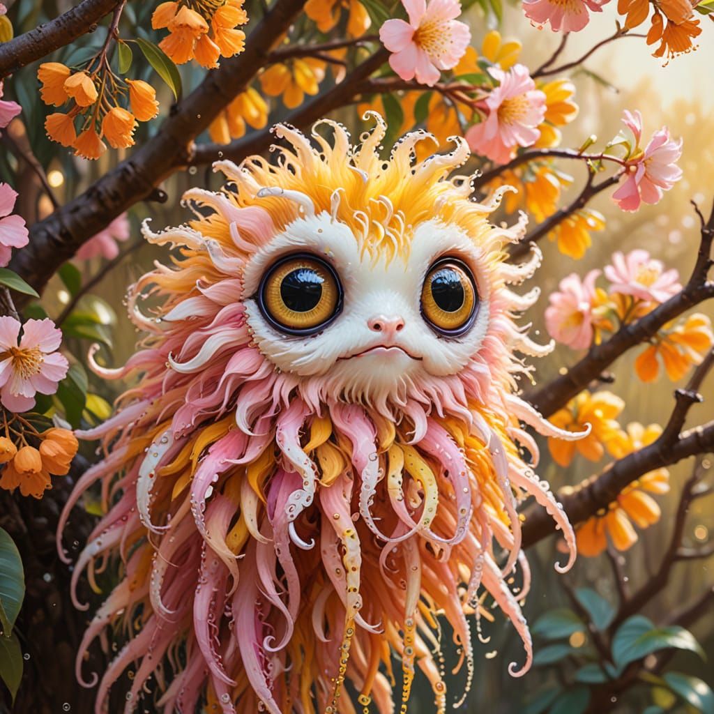 Whimsical Fluffy Creature in Blooming Shower Tree