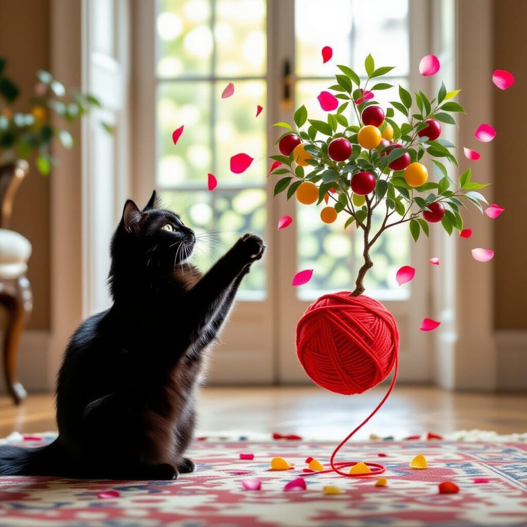 Elegant Black Cat's Surprising Yarn Ball Transformation