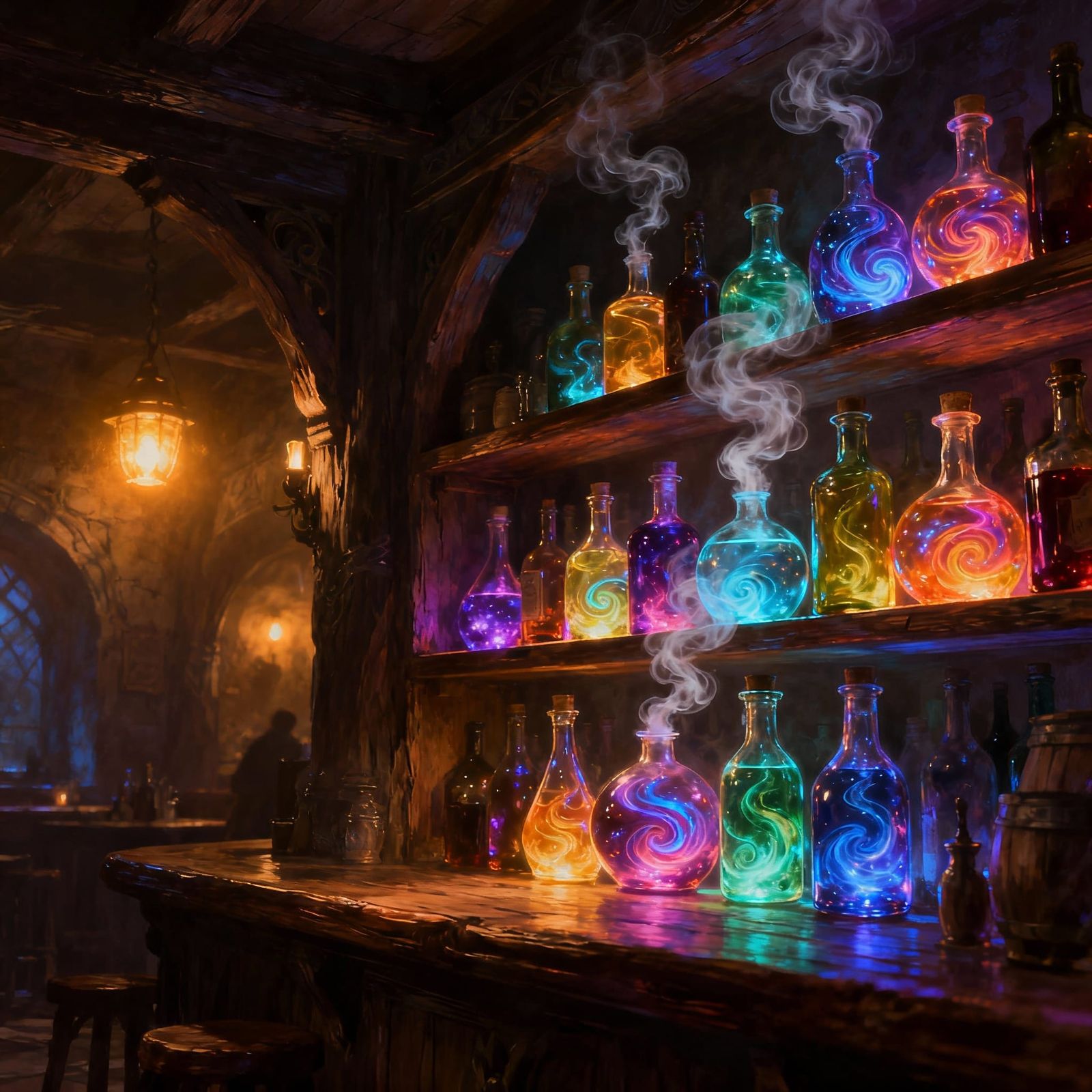 Enchanting Tavern with Magical Potions and Ethereal Smoke