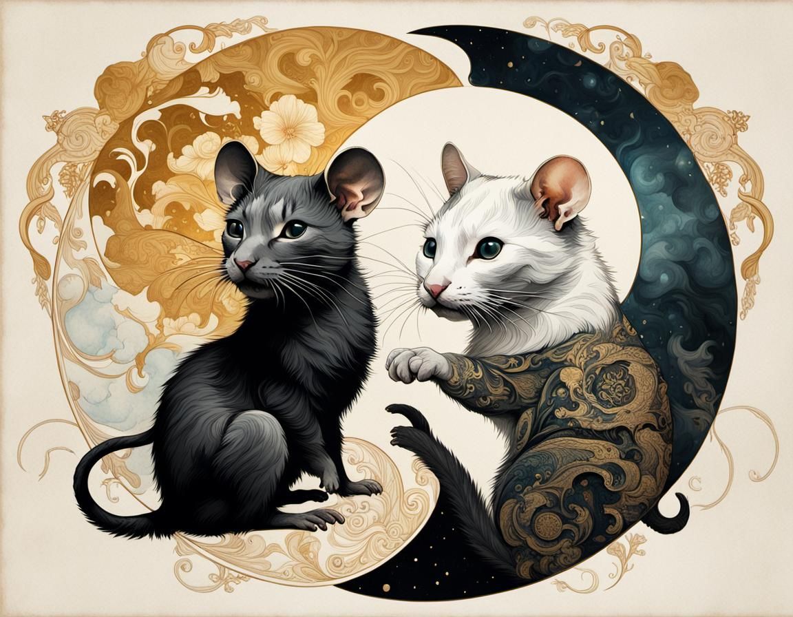 Yin-Yang: Rat and Cat in Mirrored Double Exposure