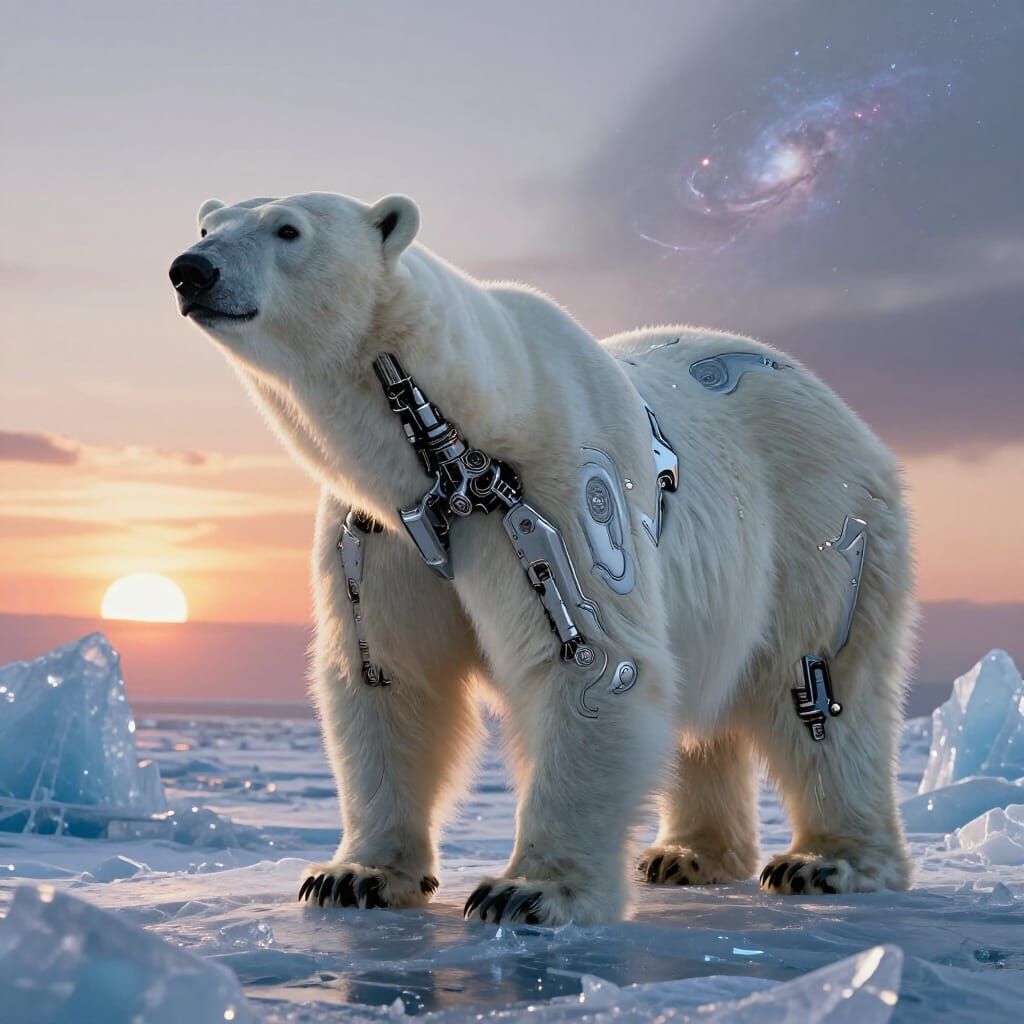 Cybernetic Polar Bear on Icy Planet Under Binary Sunset