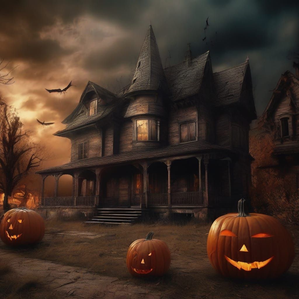 Surreal Spooky House with Glowing Jack-o'-Lanterns