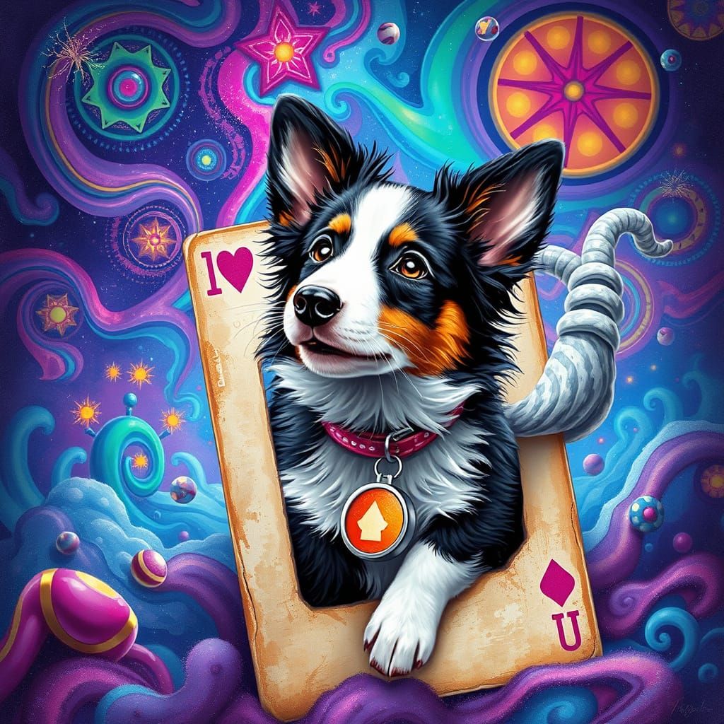 Border Collie Puppy Emerges from Playing Card