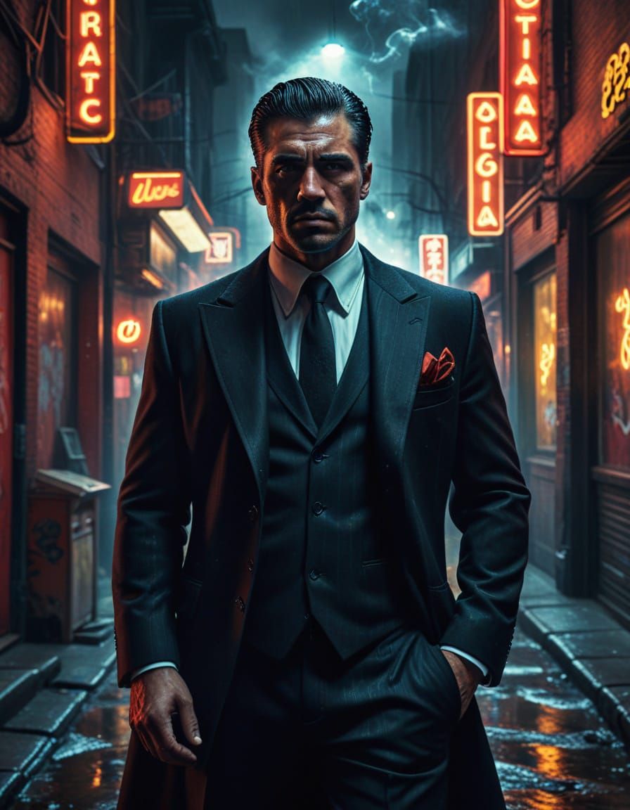 Gangster in Neon Alley: A Cinematic Oil Painting