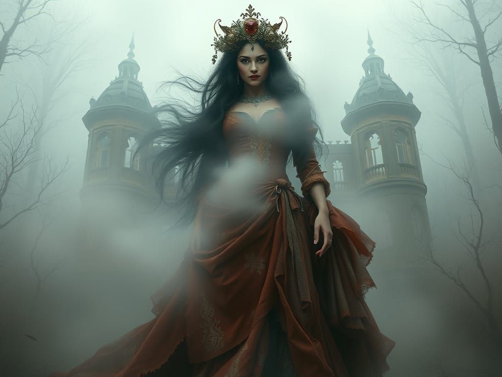 Majestic Enchantress Shrouded in Whimsical Mist