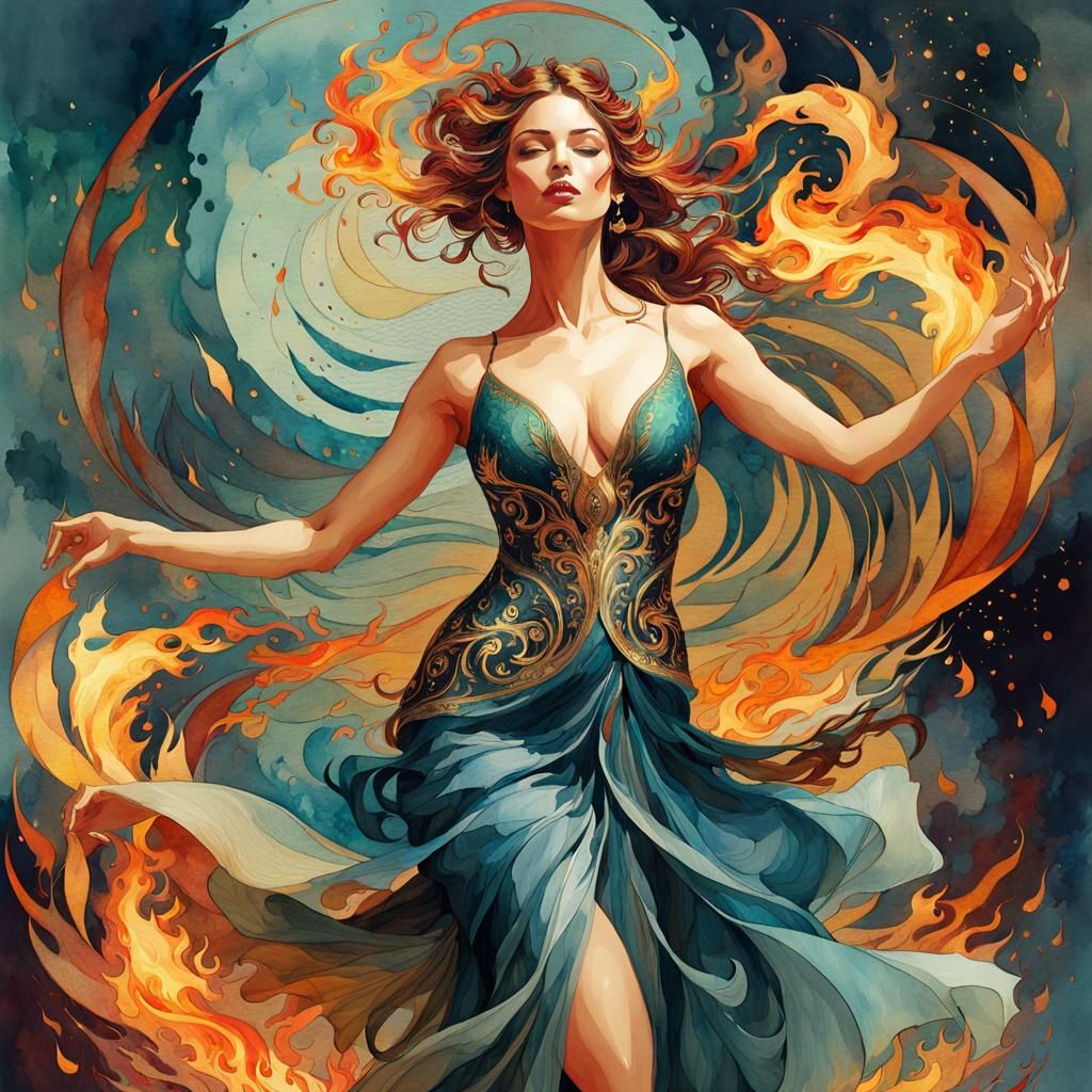 Dancing Woman in Flames: Digital Watercolor Art