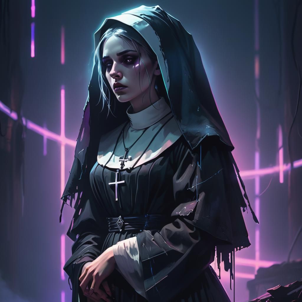 Young Gothic, female in the likeness of a Nun in the moonlig...