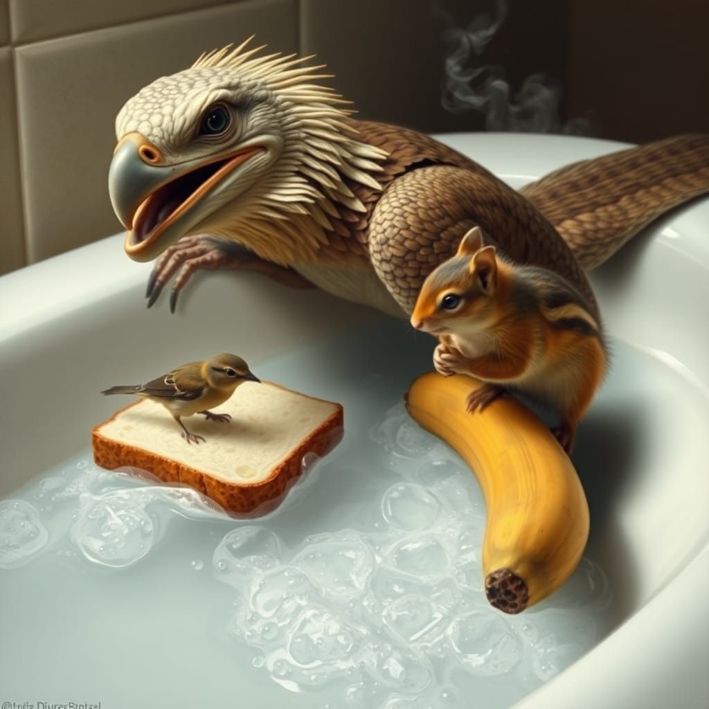 Surreal Lizard Feast in a Steaming Bathtub