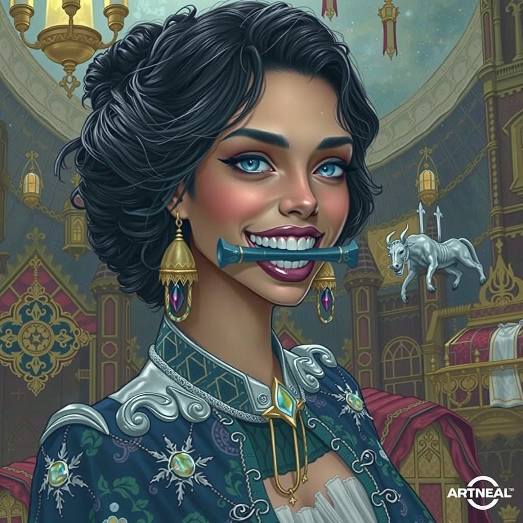Regal Woman Adorned with Opulent Bit Gag and Velvet Cloak