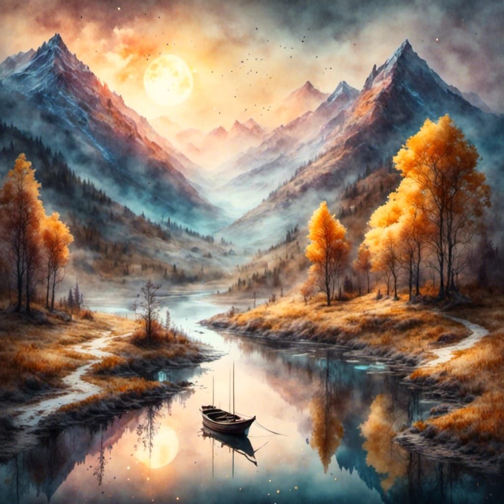 Watercolor Landscape of River with Boat