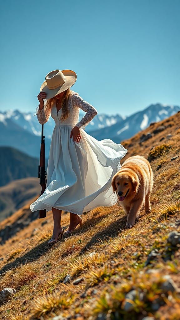 Blonde Woman and Dog on Windy Mountain, Outdoor Photography