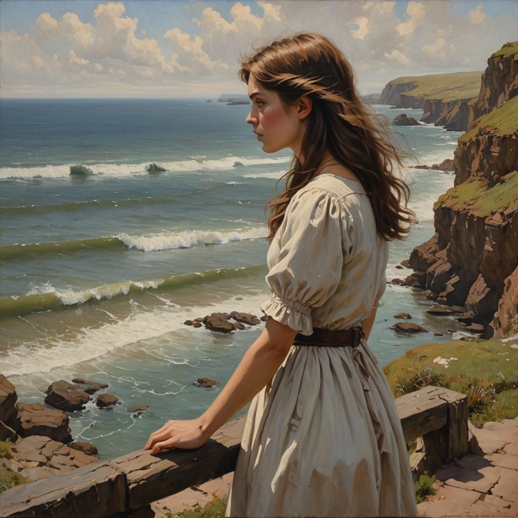 Girl Gazing at Sea, Oil Painting Style