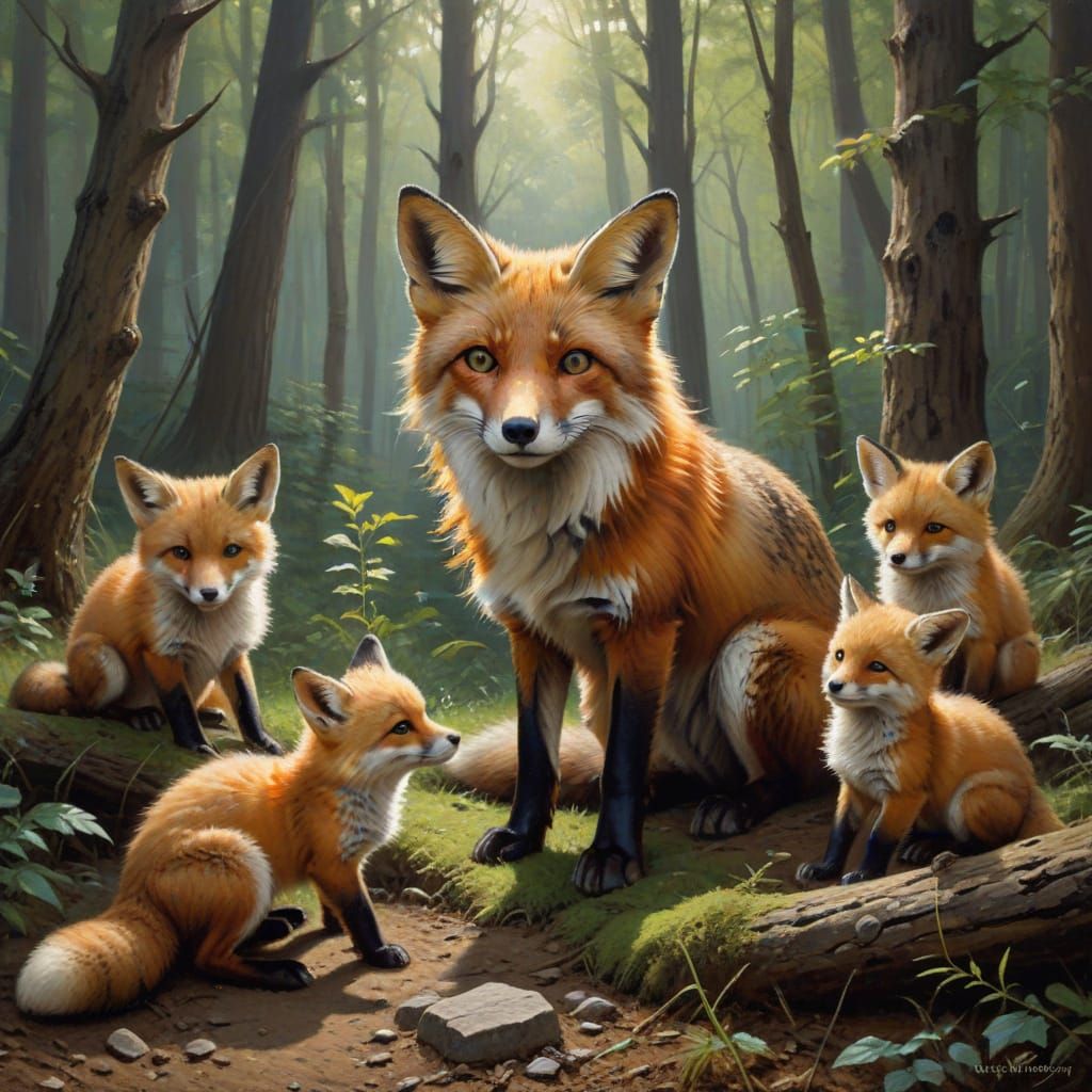 Mother Fox with Her Playful Cubs in a Forest Oil Painting