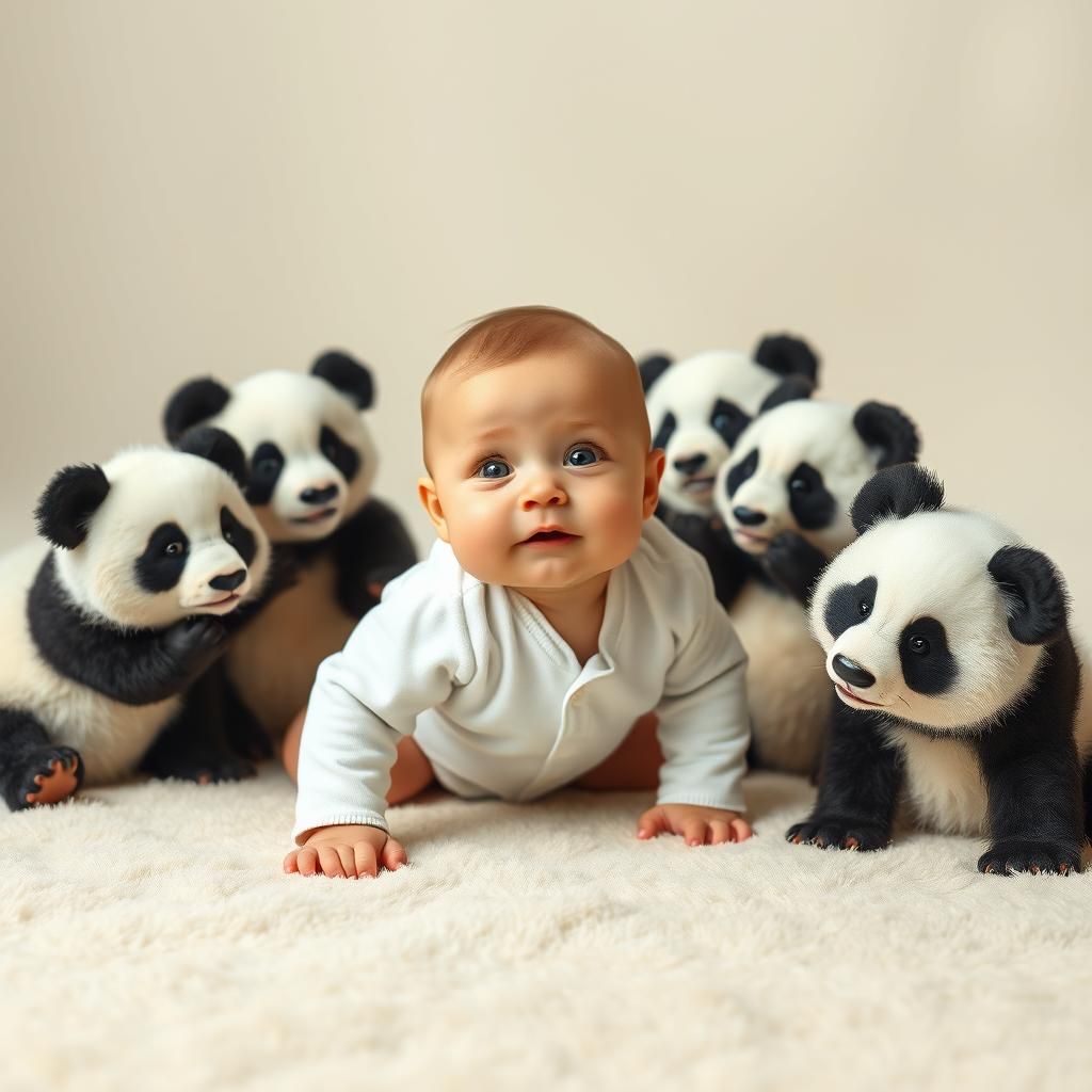 Baby and Pandas Pose in Naturalistic Illustration