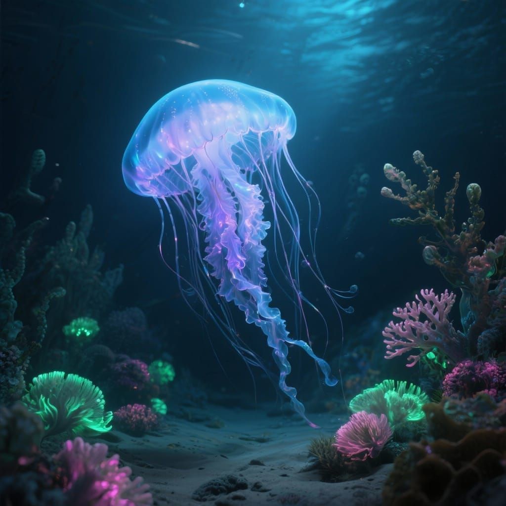 Bioluminescent Jellyfish in Alien Ocean Depths