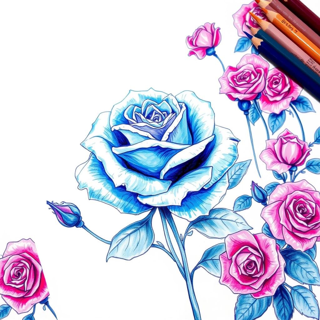Vibrant Rose Garden Sketch in Blue, Purple, and Pink