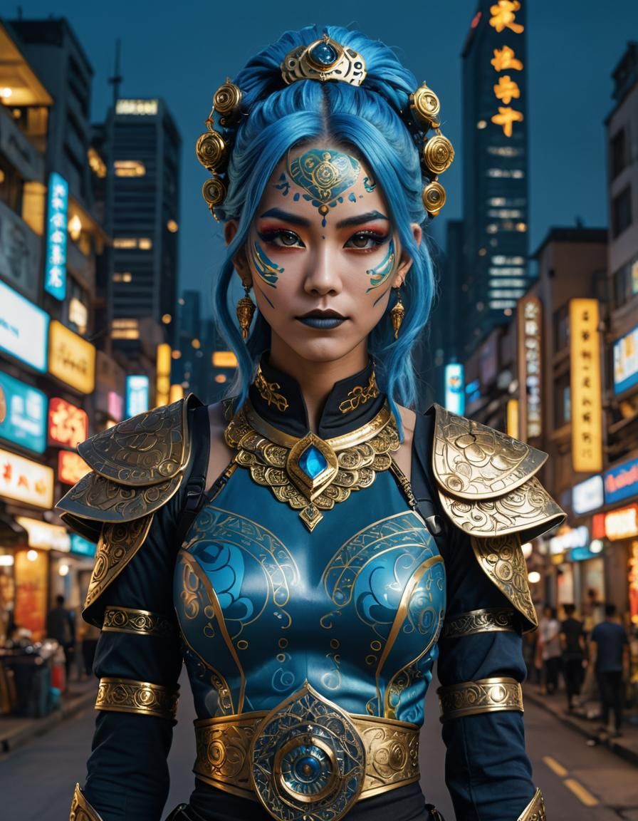 Cyberpunk Woman with Blue Hair and Gold Face Paint