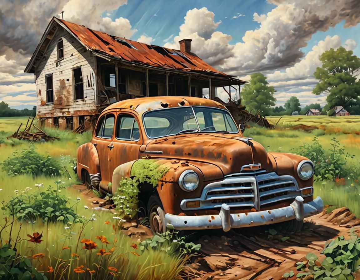 Abandoned Car and Farmhouse Oil Painting