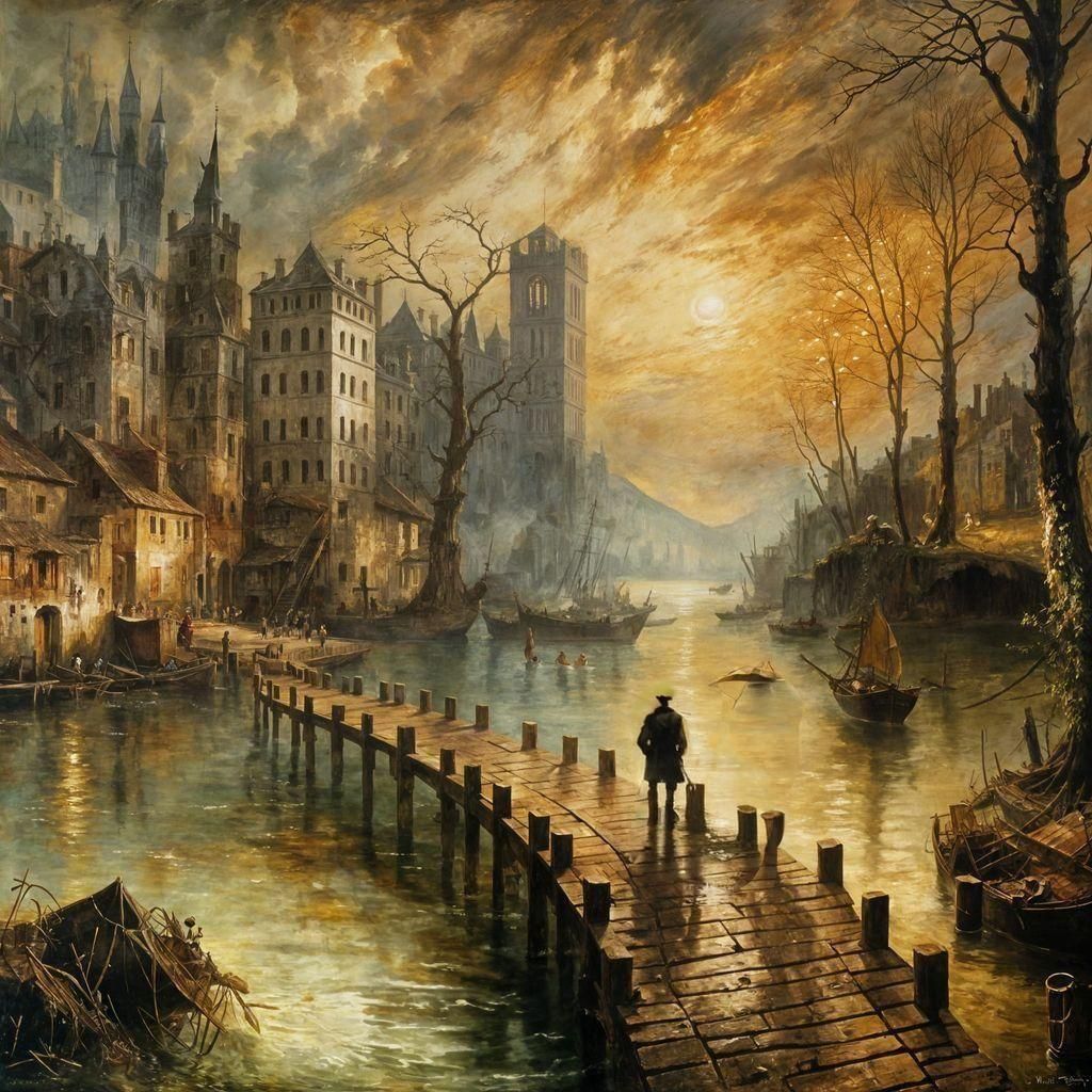 Man on Boardwalk as Oil Painting in Turner Style