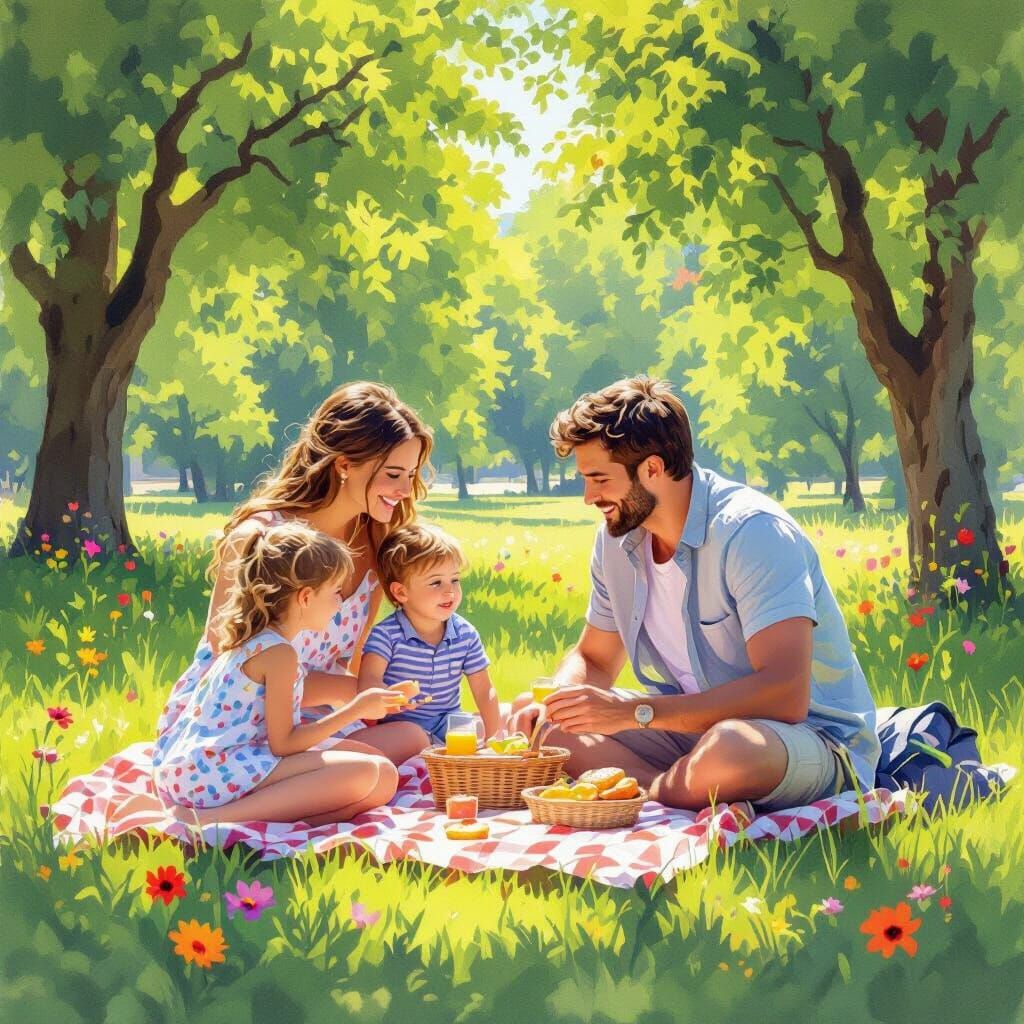Family Picnic in Park, Monet-Inspired Summer Scene