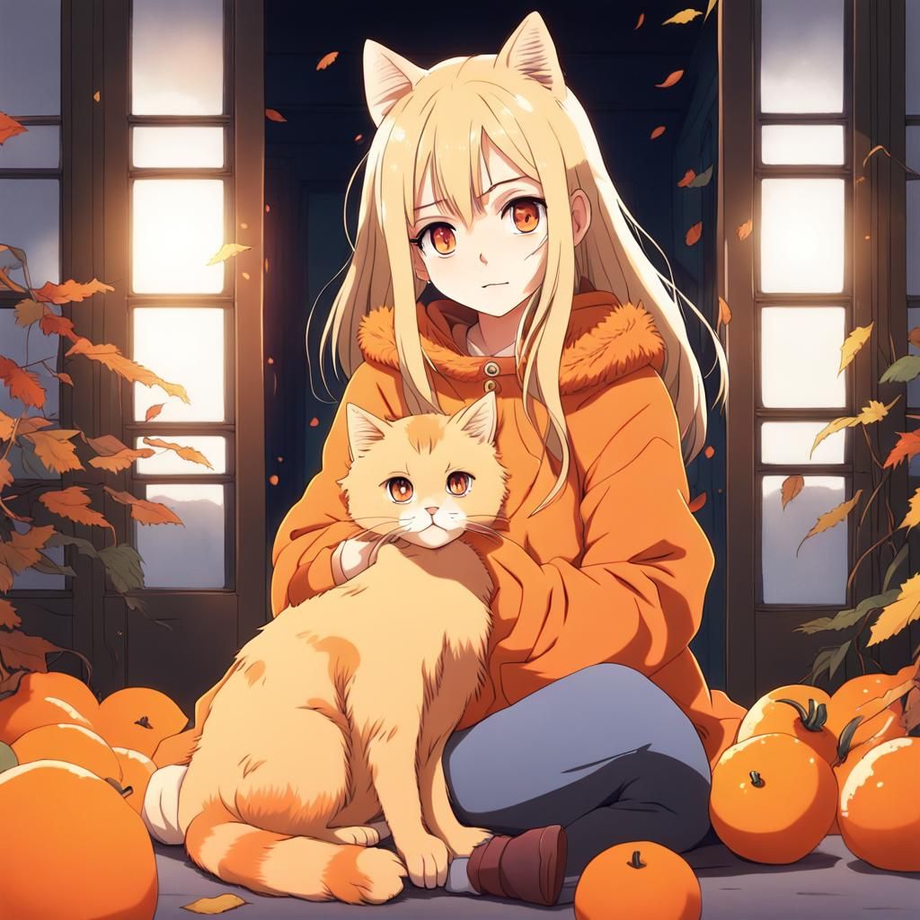 Girl with Cat in Anime Key Visual Style