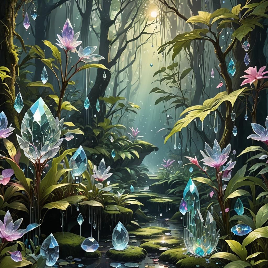 Enchanted Rainforest Landscape with Crystal Dew Drops